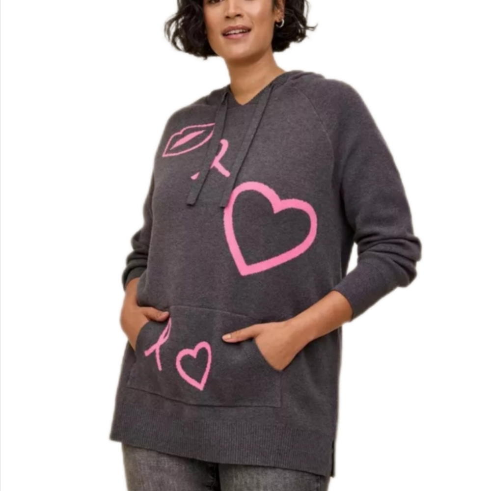 TORRID Womens Breast Cancer Jacquard Raglan Hoodie Sweater Grey Pink 2 2X 18 20